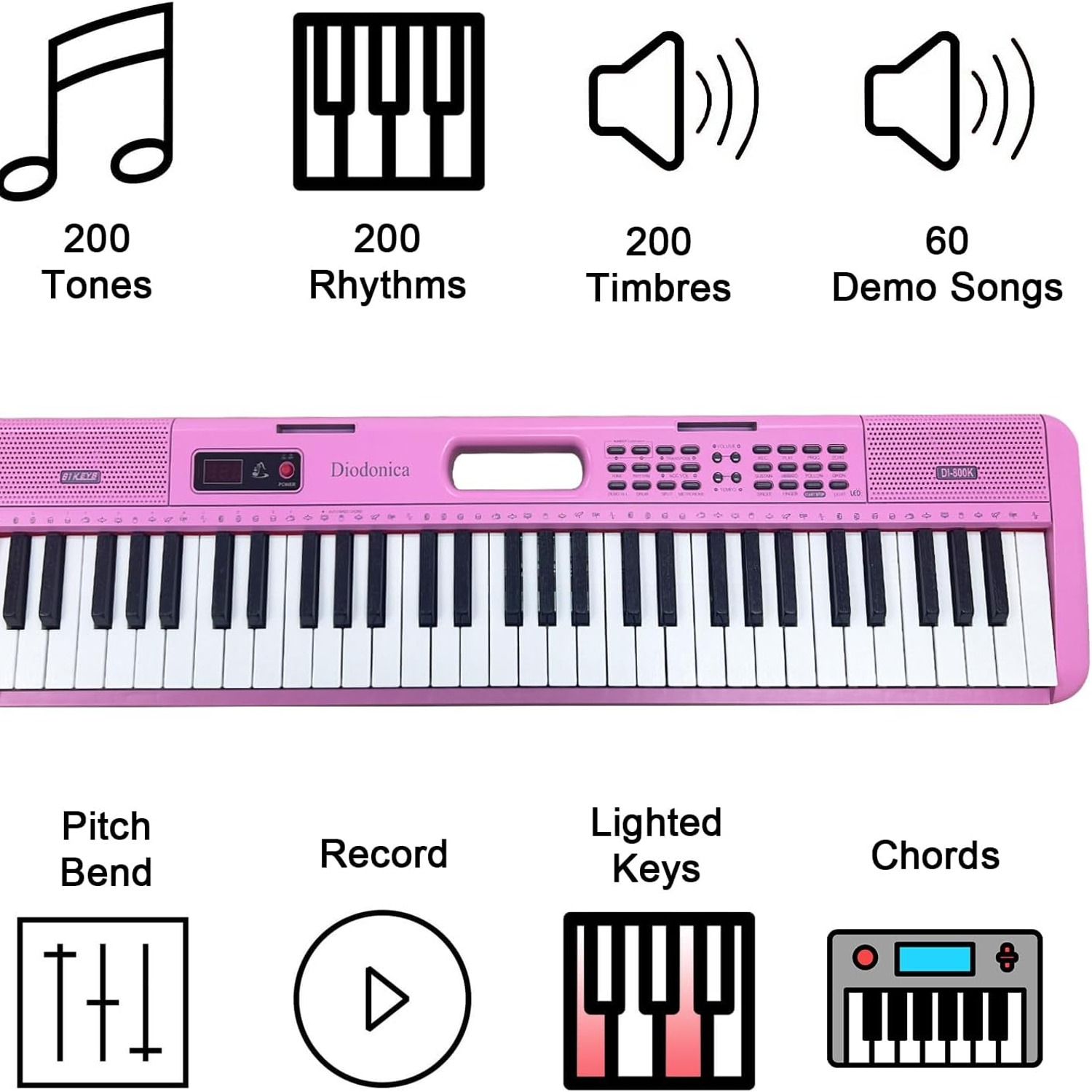 Diodonica 61-Key Lighted Beginner Keyboard Piano, detail view
