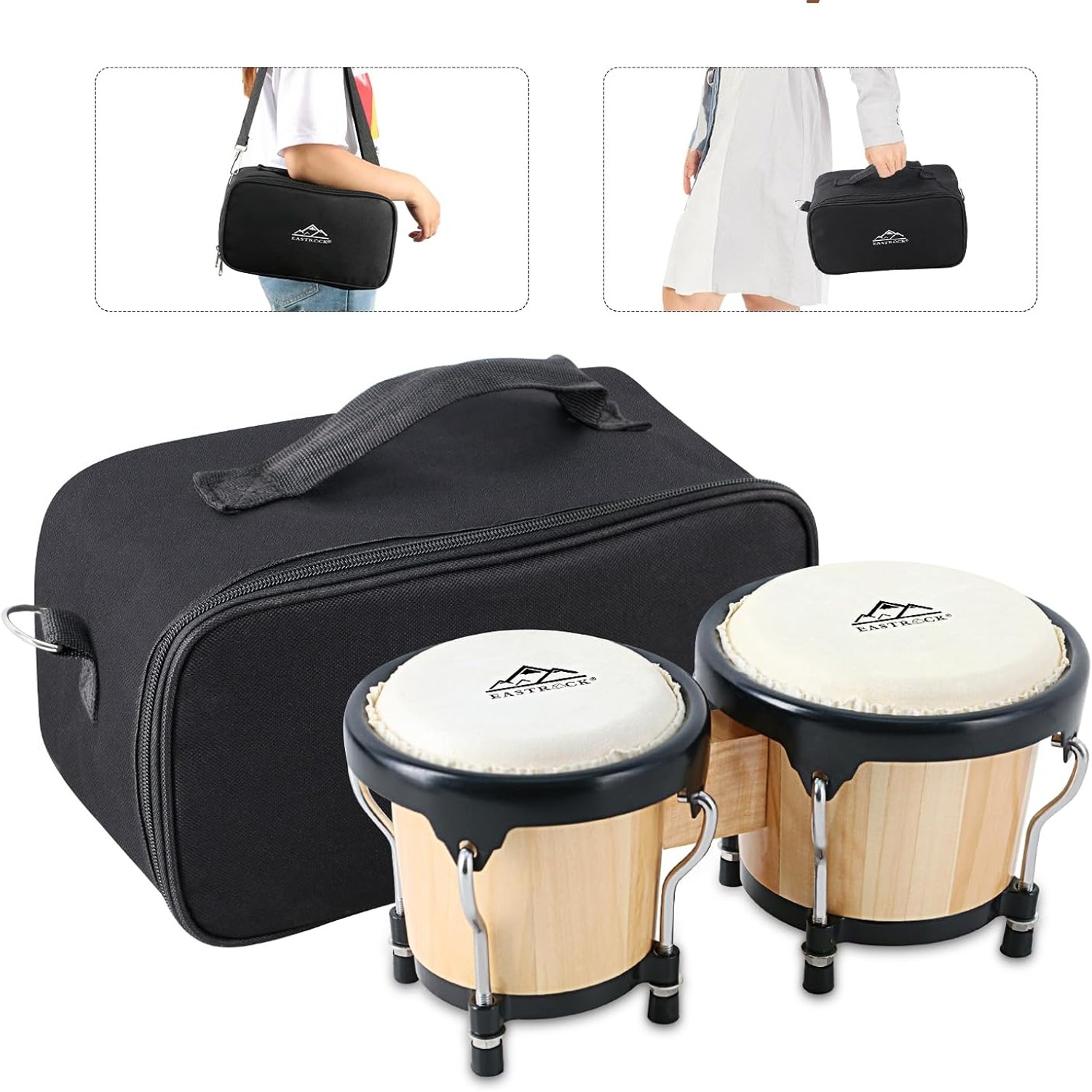 EASTROCK 4 and 5 Inch Tunable Wood Bongo Drum Set with Carry Bag: image 5