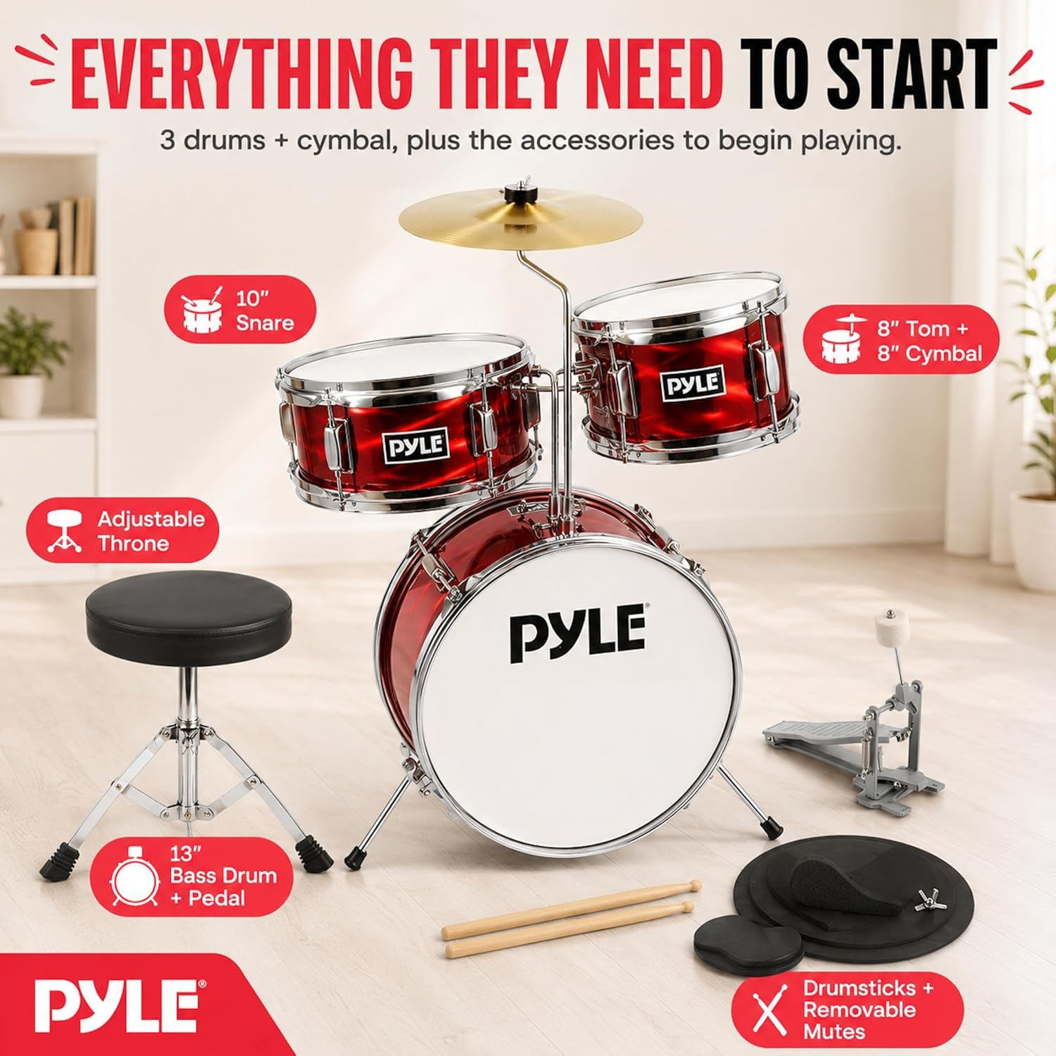 Pyle 3-Piece Kids Drum Kit with Cymbal, Pedal, Throne and Sticks: image 4
