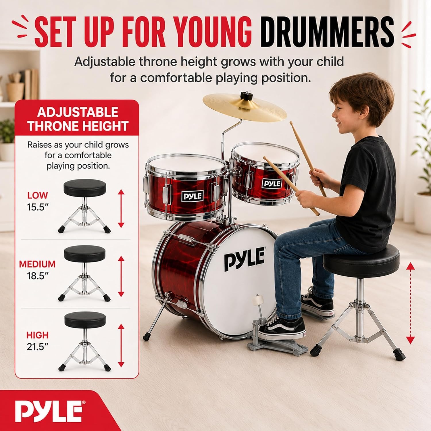 Pyle 3-Piece Kids Drum Kit with Cymbal, Pedal, Throne and Sticks: image 6