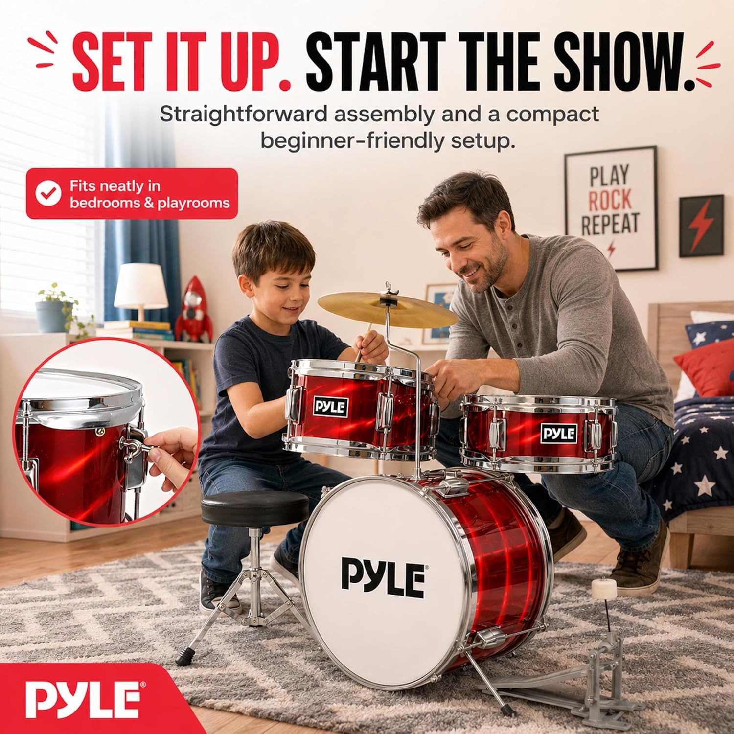 Pyle 3-Piece Kids Drum Kit with Cymbal, Pedal, Throne and Sticks: image 8